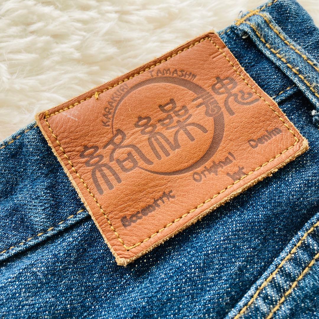 【超美品】絡繰魂 デニムパンツ 34 家紋 刺繍 和柄 鷲 鷹 ジーンズ