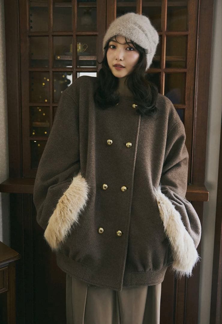 Andequel ☀︎collar fur cocoon coat（Brown）
