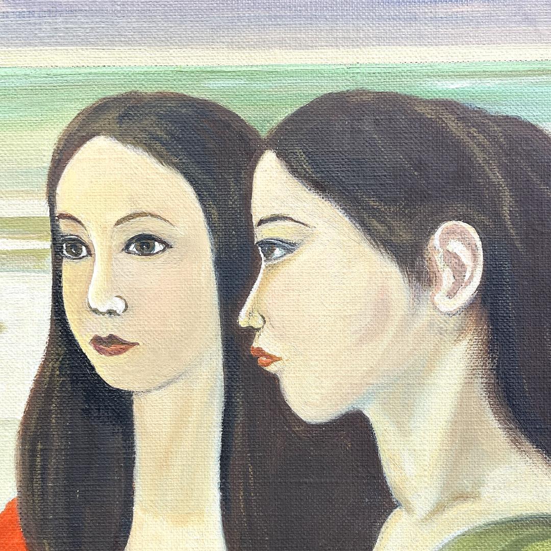 真作保証 鈴木照治『海辺のニ人の女』油彩画 6号 1991年 R8SD39