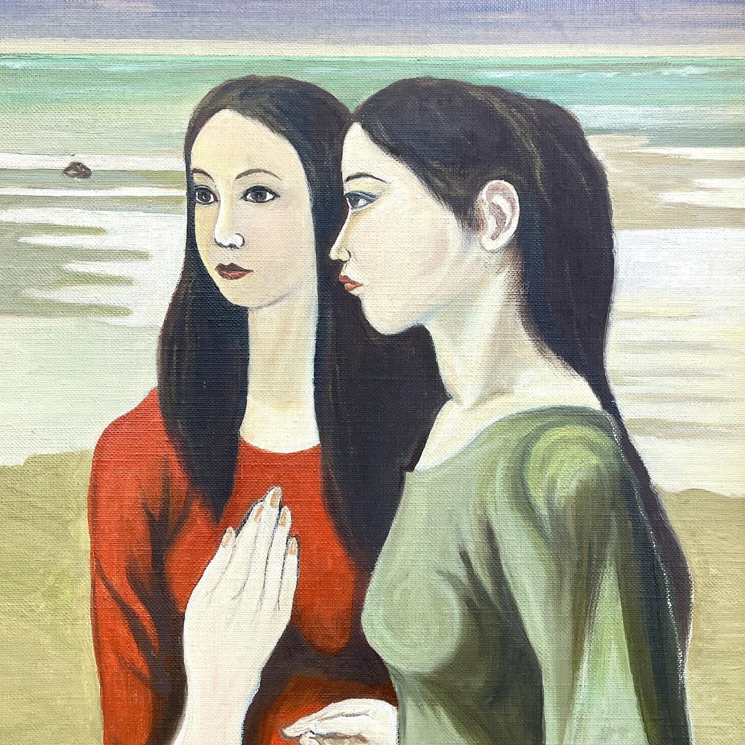 真作保証 鈴木照治『海辺のニ人の女』油彩画 6号 1991年 R8SD39