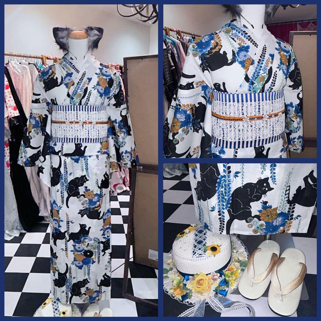 黒猫と花柄の浴衣セット