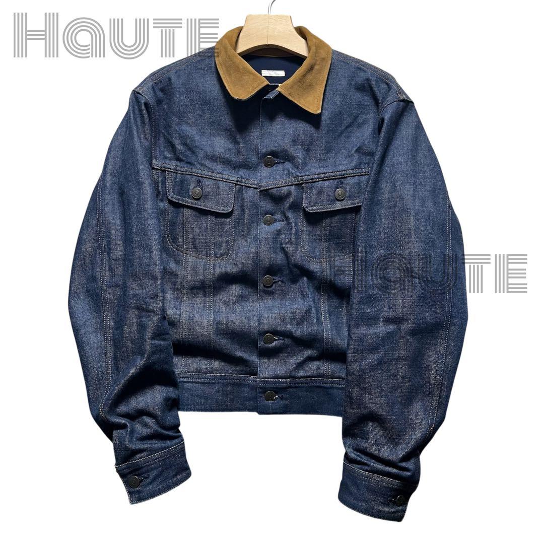 COMOLI ノンウォッシュ 襟レザー デニムジャケット レザーワークジャケット