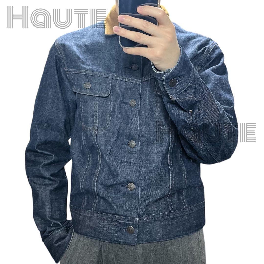 COMOLI ノンウォッシュ 襟レザー デニムジャケット レザーワークジャケット