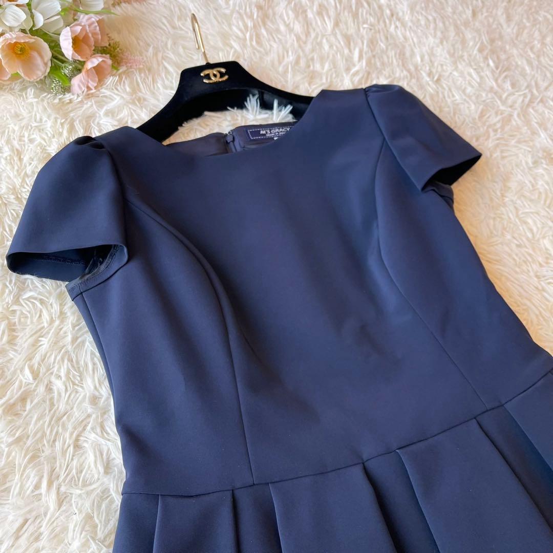 美品 M'S GRACY バックジップ タック ワンピース ネイビー 38