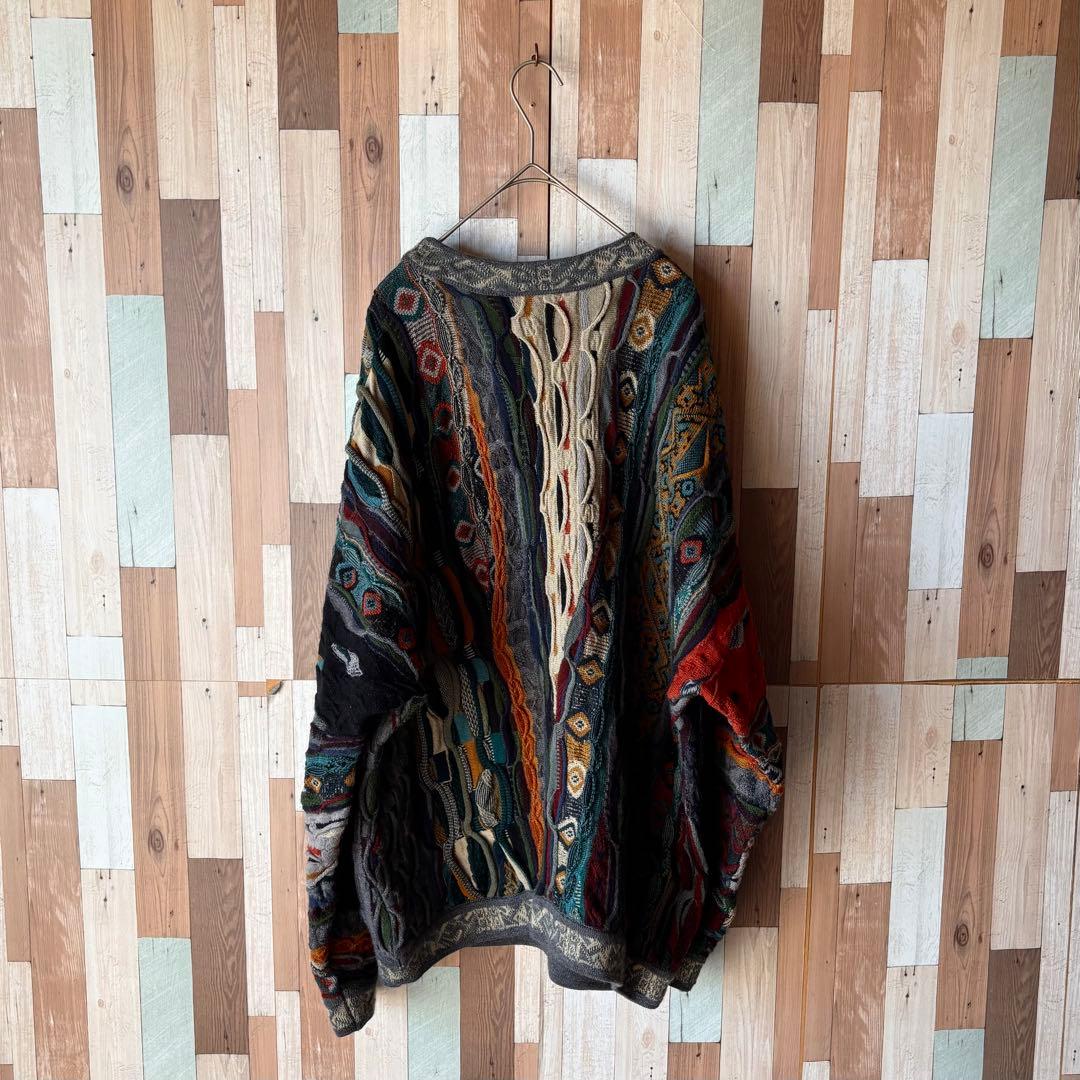 90s COOGI 3Dニット 総柄セーター 幾何学 柄ニット 希少配色 寒色
