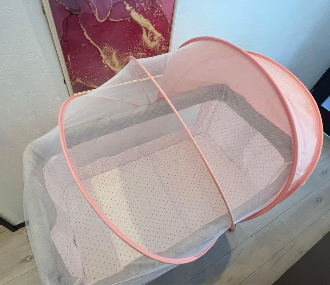 ベビーベッド 添い寝 新生児ベッド 調節可能 蚊帳付 ピンク キャスター付き