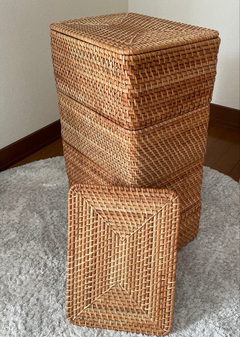 ⭐︎美品⭐︎無印良品　重なるラタン長方形バスケット4こ＋フタ2こ⭐︎内布付き