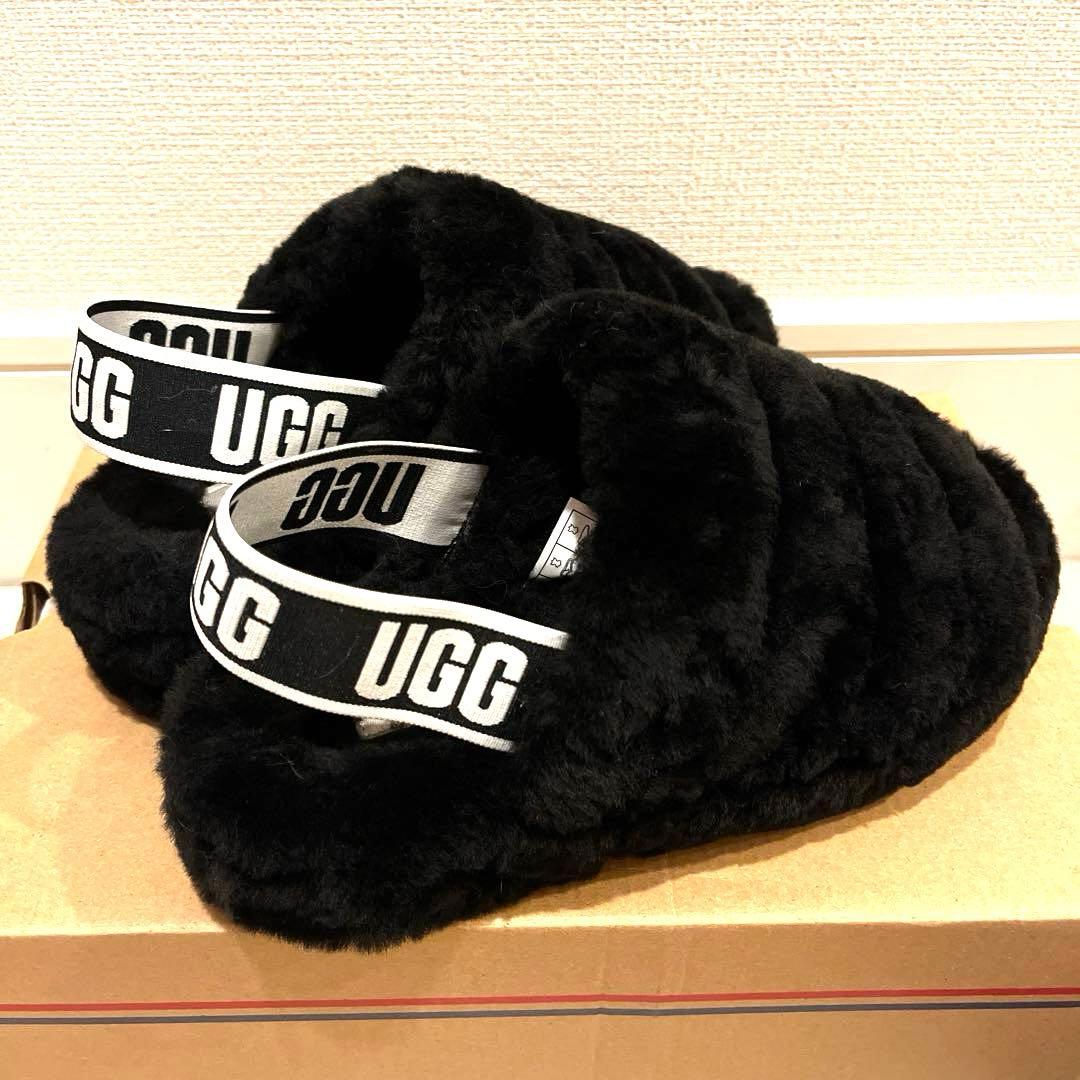 【美品】UGG ブラック ムートン　ボア スリッパ　23cm