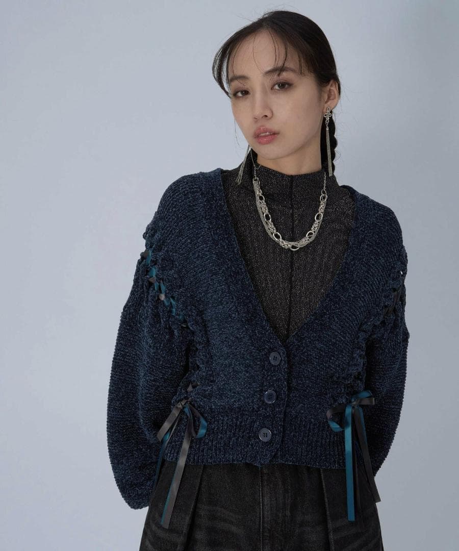 即完売品 新作 新品 HARE モールレースアップカーディガン ブルー