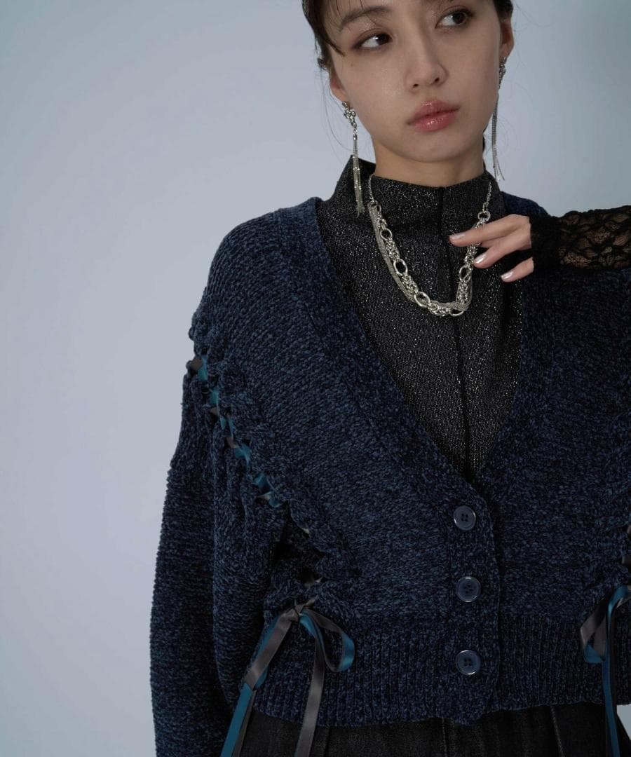 即完売品 新作 新品 HARE モールレースアップカーディガン ブルー