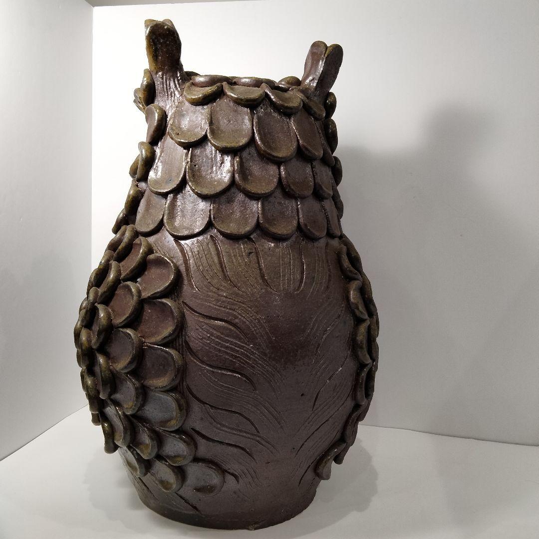 X119-1 備前焼 ミミズク 透かし細工 置物　BB