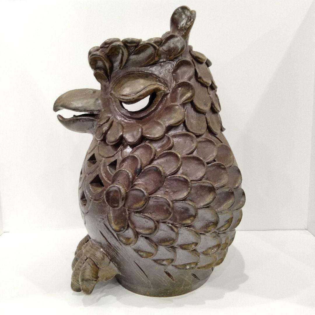 X119-1 備前焼 ミミズク 透かし細工 置物　BB