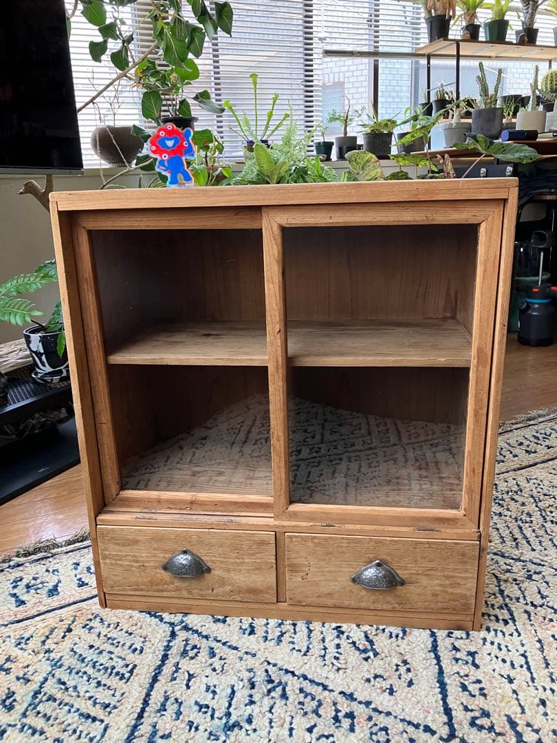 古道具　ガラス戸棚　昭和初期　ヴィンテージ家具