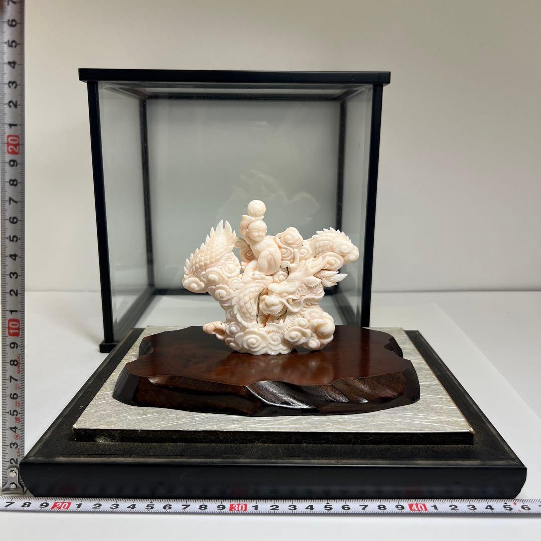 本桃色珊瑚　龍童子置物　ケース付　東Y7-1211☆2Fトヒト