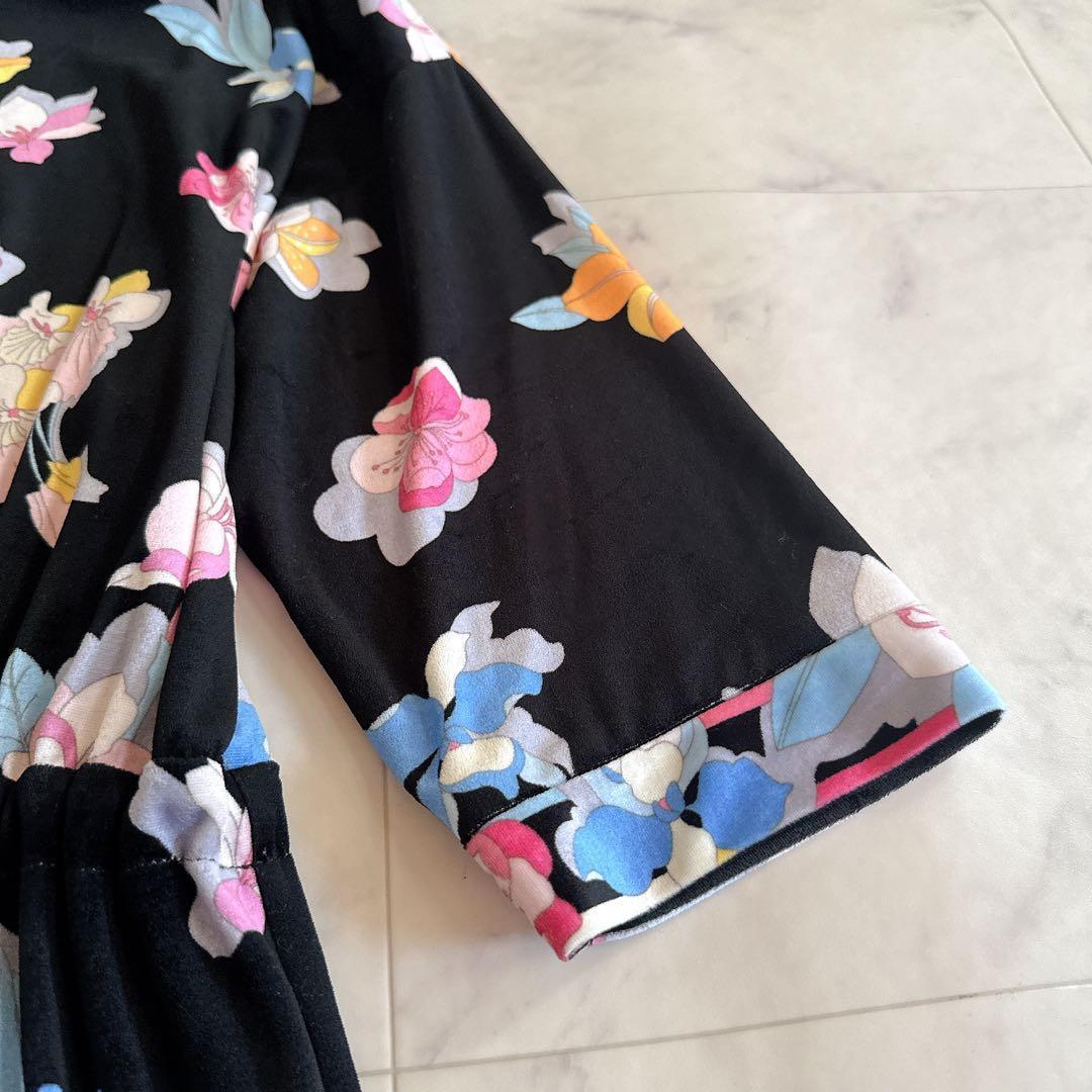 未使用級★近年物 レオナール カンカン ベロア調ワンピース 花柄 トリム 42