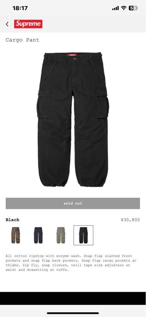パンツ Supreme Cargo Pant BLACK 34 25FW