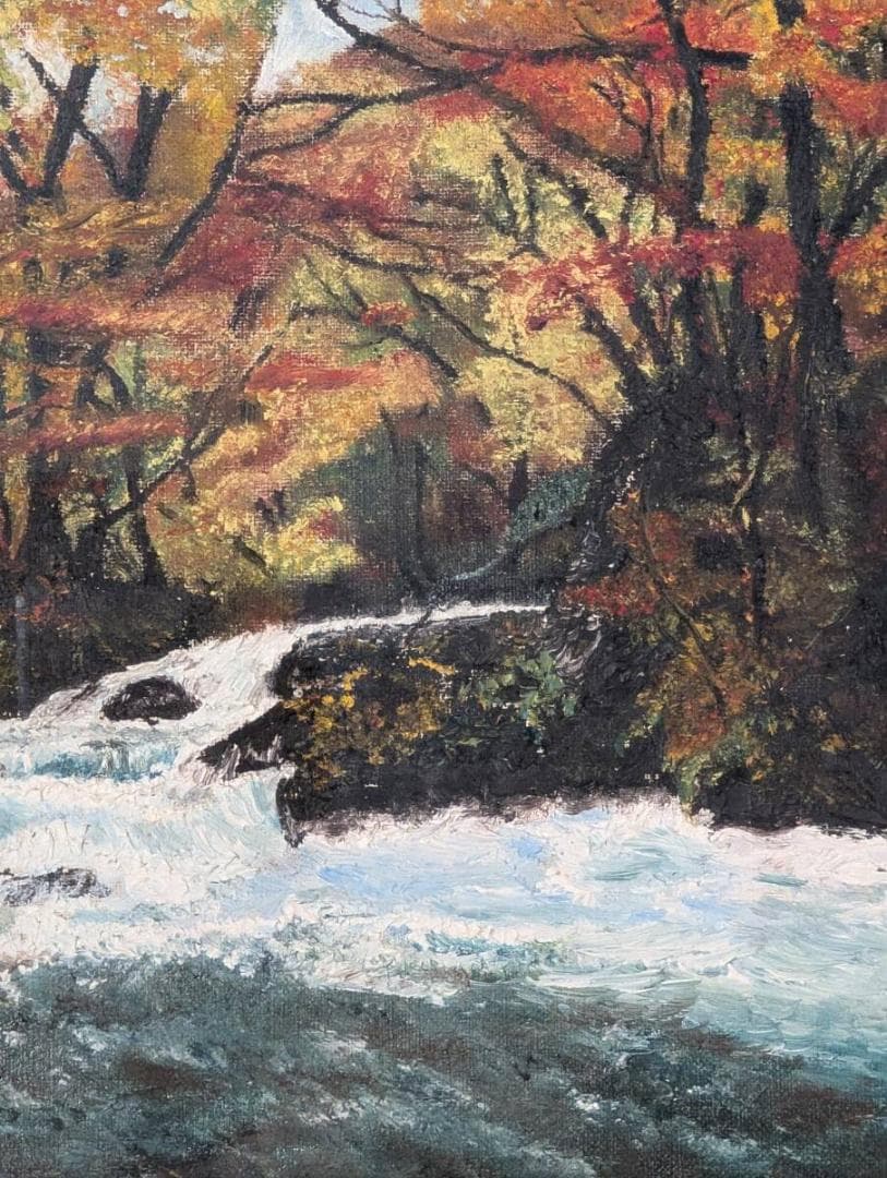 【真作】絵画　油彩4号　渓流の秋彩　鮮やかな紅葉と水音が響く風景画　Y89