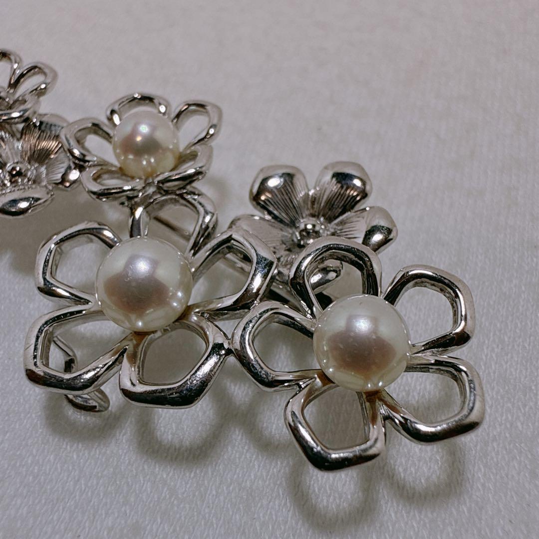 TASAKI タサキ シルバー 3粒 あこや真珠 パール フラワー ブローチ