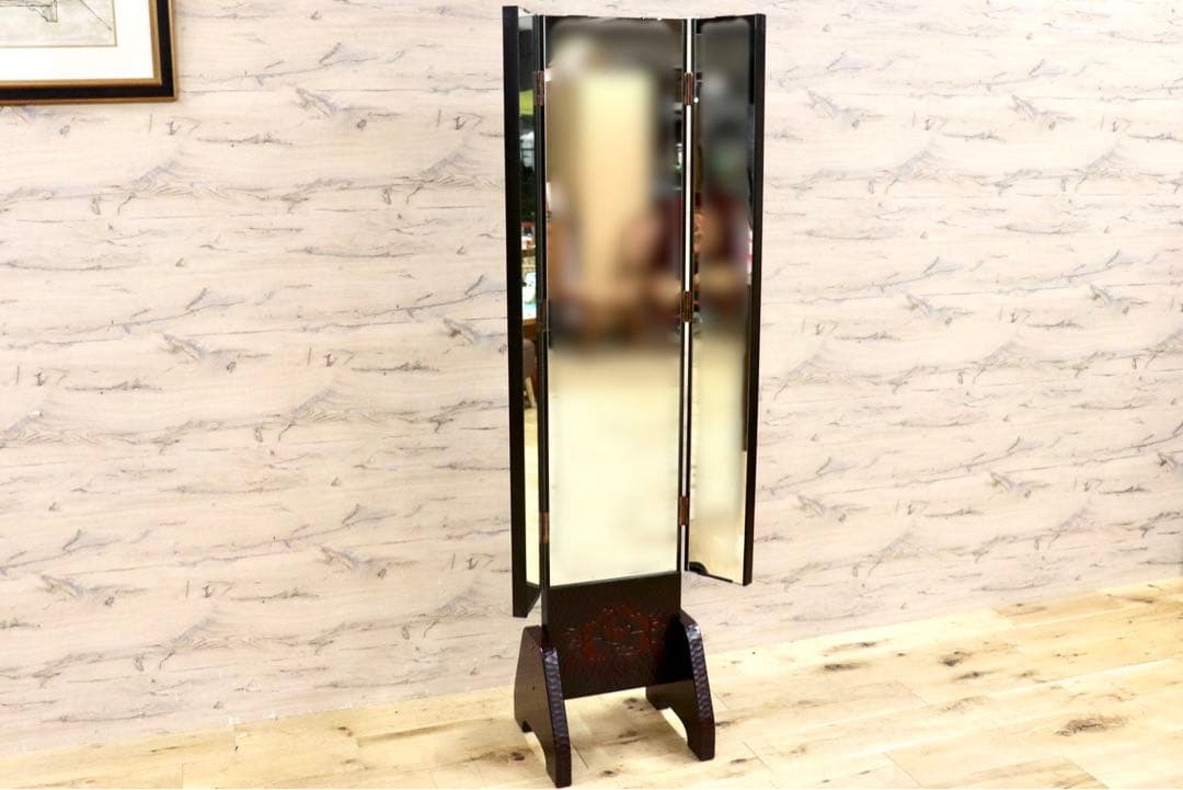 GMIH60○鎌倉彫 三面鏡 姿見 全身鏡 木製 彫刻 漆塗り 着付け鏡 和家