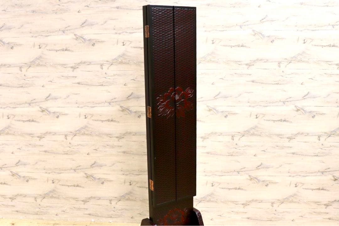 GMIH60○鎌倉彫 三面鏡 姿見 全身鏡 木製 彫刻 漆塗り 着付け鏡 和家