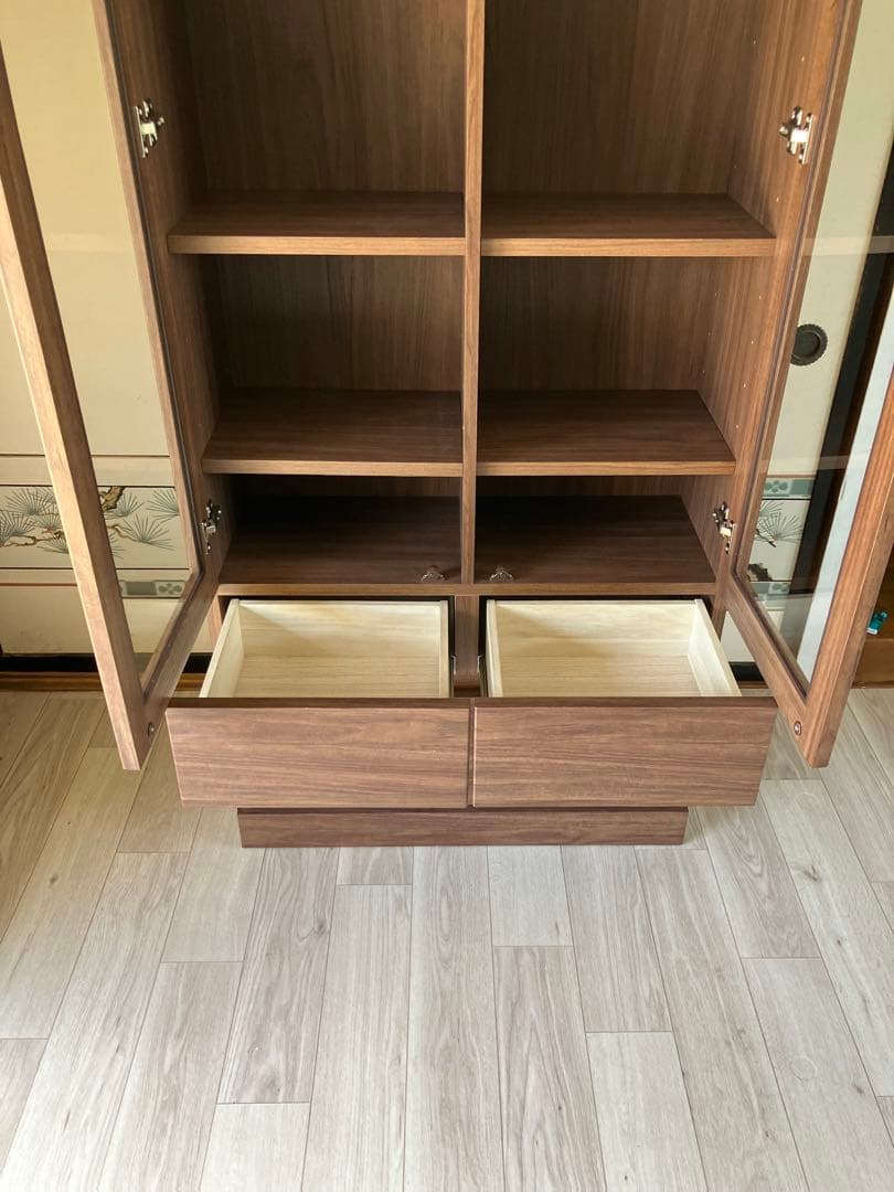 引き取り可 美品 ニトリ NITORI 扉・引出し付き書棚 ガラス扉 ブラウン