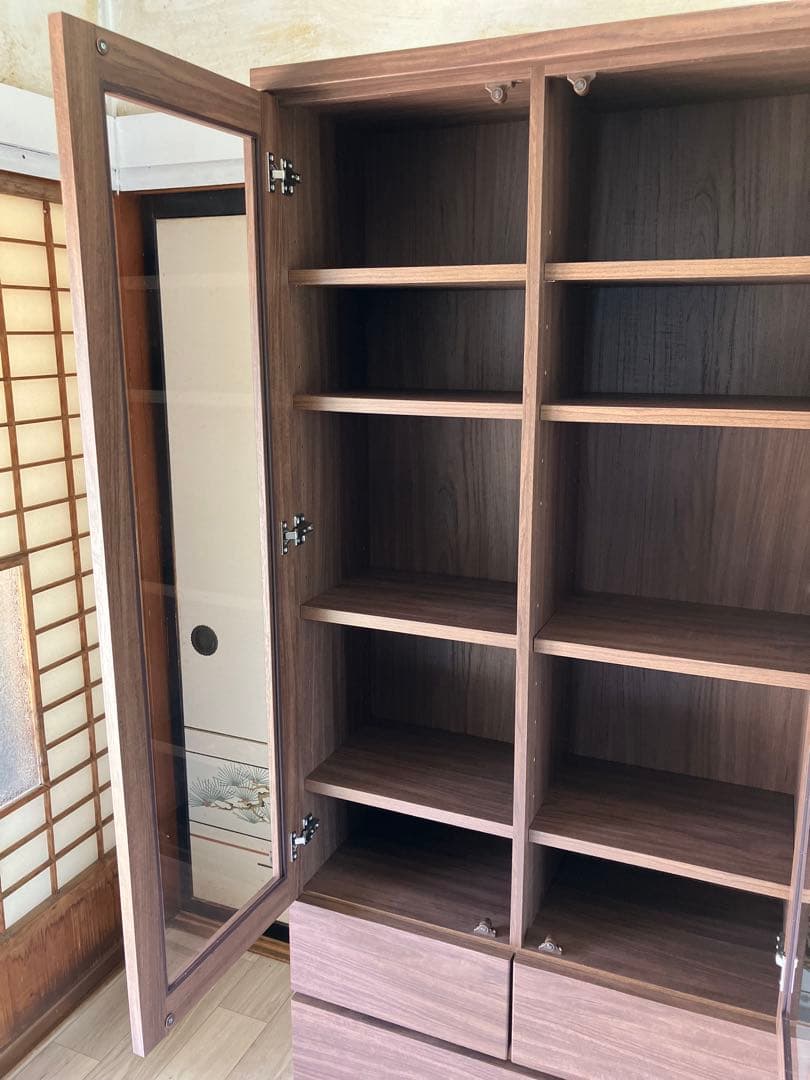 引き取り可 美品 ニトリ NITORI 扉・引出し付き書棚 ガラス扉 ブラウン