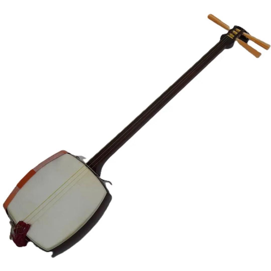 高級綾杉胴　中棹地唄三味線　2本溝　天然皮　正寸　木製ケース付き