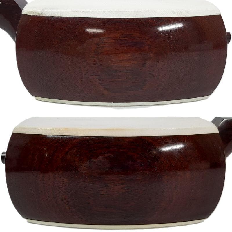 高級綾杉胴　中棹地唄三味線　2本溝　天然皮　正寸　木製ケース付き