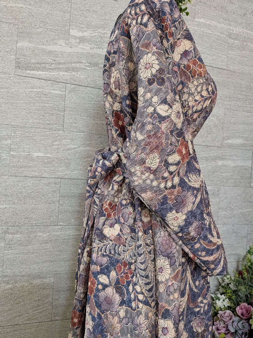 A257着物リメイク辻が花柄Aラインワンピース★リボン・ブローチ