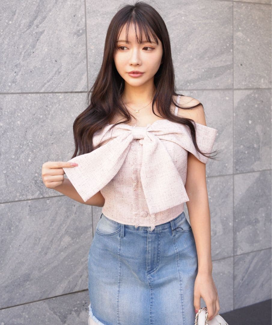 リップサービス ツイードリボンオフショルトップス ピンク