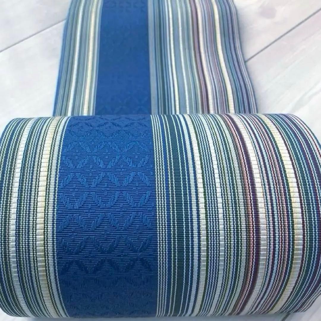 flower 博多織　半幅帯　ブルーグレー　縞模様の織り出No.77-22