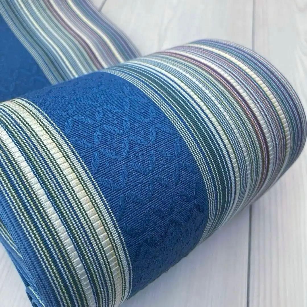 flower 博多織　半幅帯　ブルーグレー　縞模様の織り出No.77-22