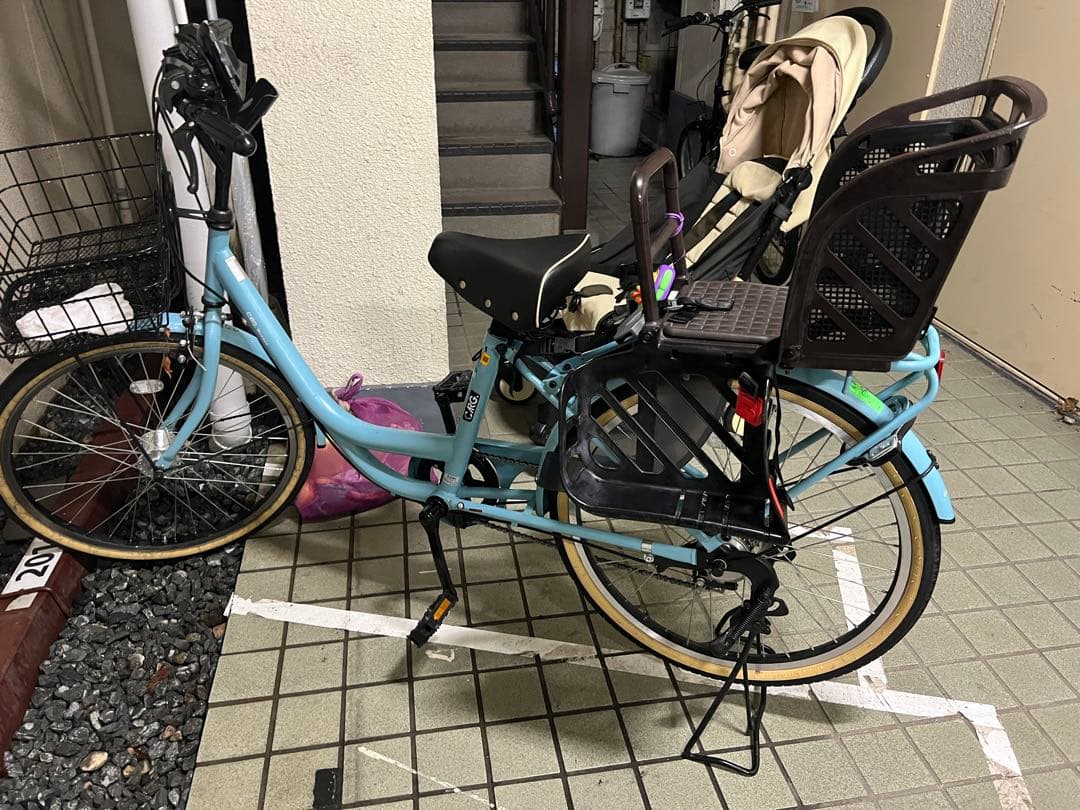 アサヒ製　水色 シティサイクル チャイルドシート付き