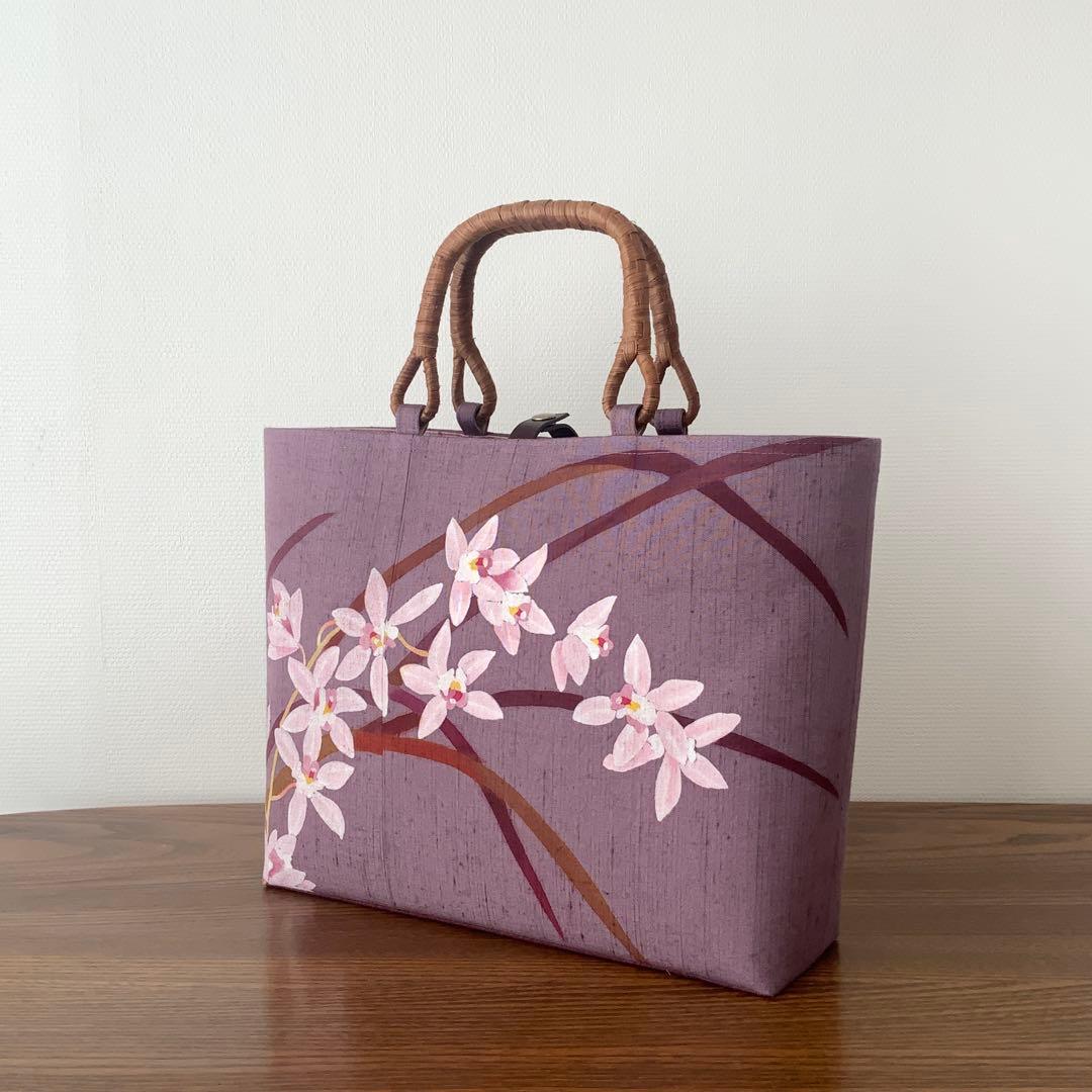 海老染色の紬　蘭のお花　リメイク　山葡萄ハンドルバッグ