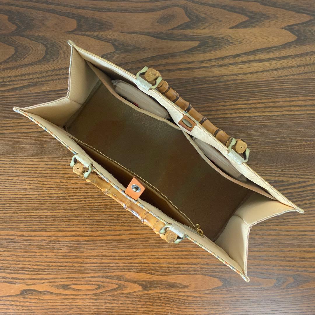 袋帯　きらめく吉祥花文　リメイク　バンブーハンドルバッグ　浅型マチ広め