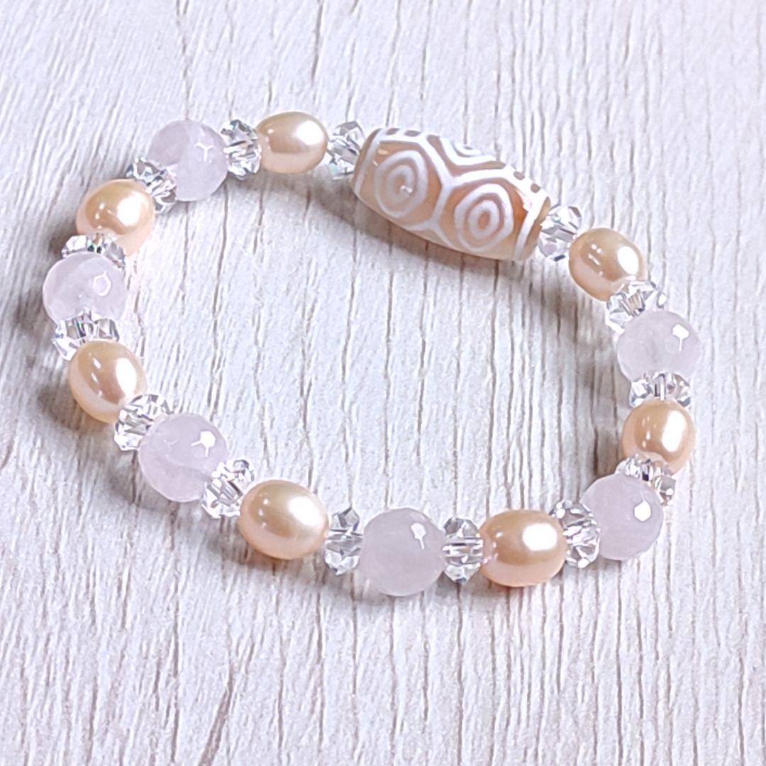 ◇龍眼天珠とマダガスカル産ローズクォーツ・オレンジパールのパワーストーン ブレス