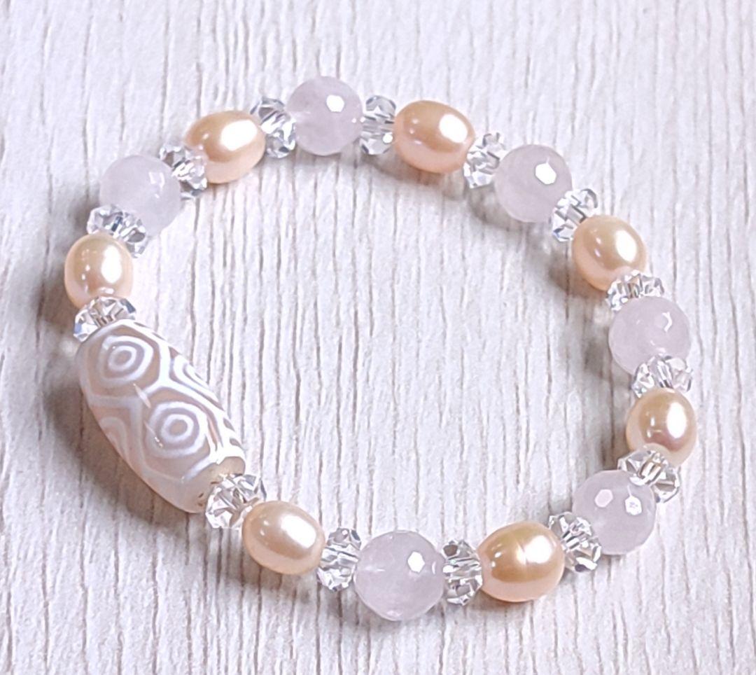 ◇龍眼天珠とマダガスカル産ローズクォーツ・オレンジパールのパワーストーン ブレス