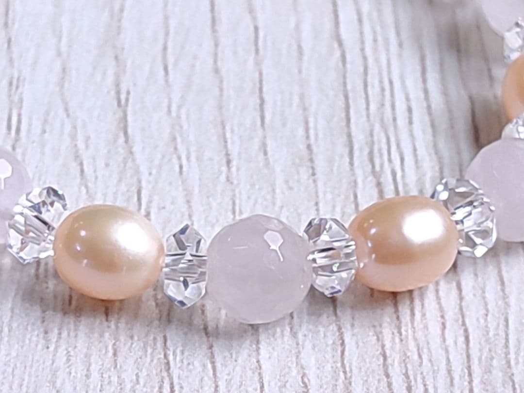 ◇龍眼天珠とマダガスカル産ローズクォーツ・オレンジパールのパワーストーン ブレス