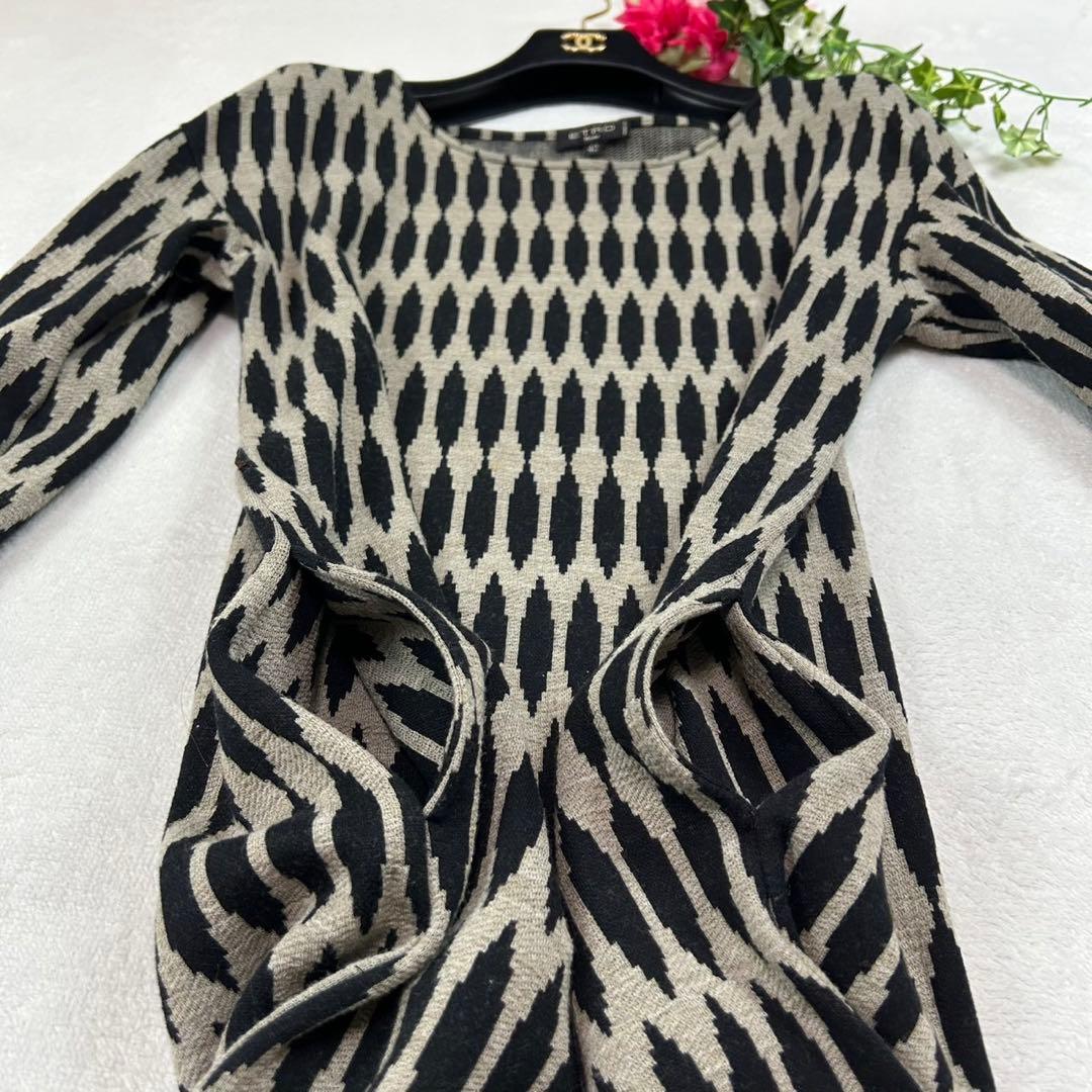 K717 L エトロ イタリア製 ひざ丈ワンピース ブラック グレー レディース