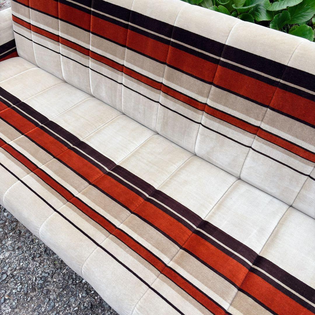 昭和レトロ　アンティーク ストライプ ソファ ベッド モケット 3人掛け ベロア