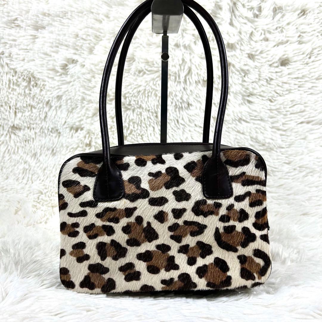 美品✨ 濱野皮革工藝 ハラコ レザー ハンドバッグ レオパード 皇室御用達 茶