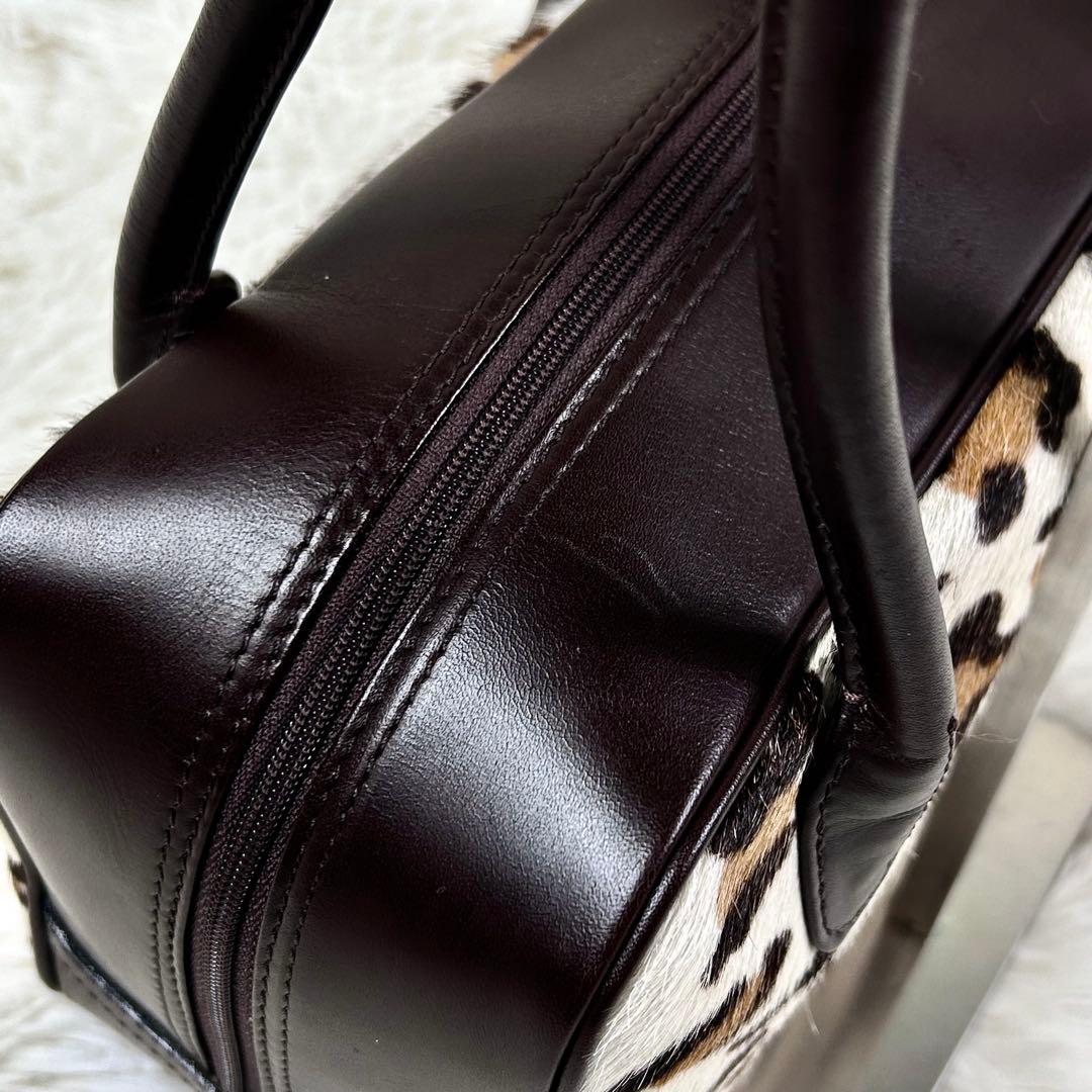 美品✨ 濱野皮革工藝 ハラコ レザー ハンドバッグ レオパード 皇室御用達 茶