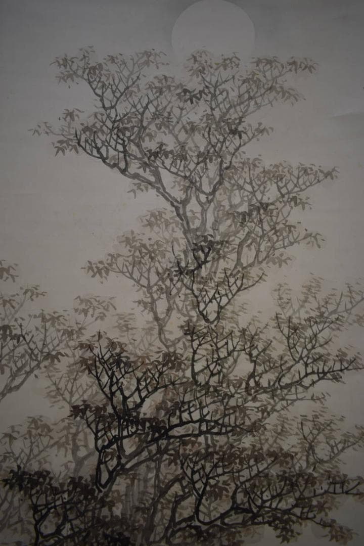 真作/文華/山水月下樹木図/秋月/布袋屋掛軸HI-940