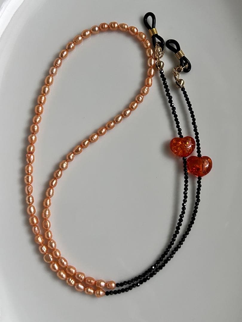 淡水パール　琥珀　ハート　ブラックスピネル　2way マスク　メガネチェーン