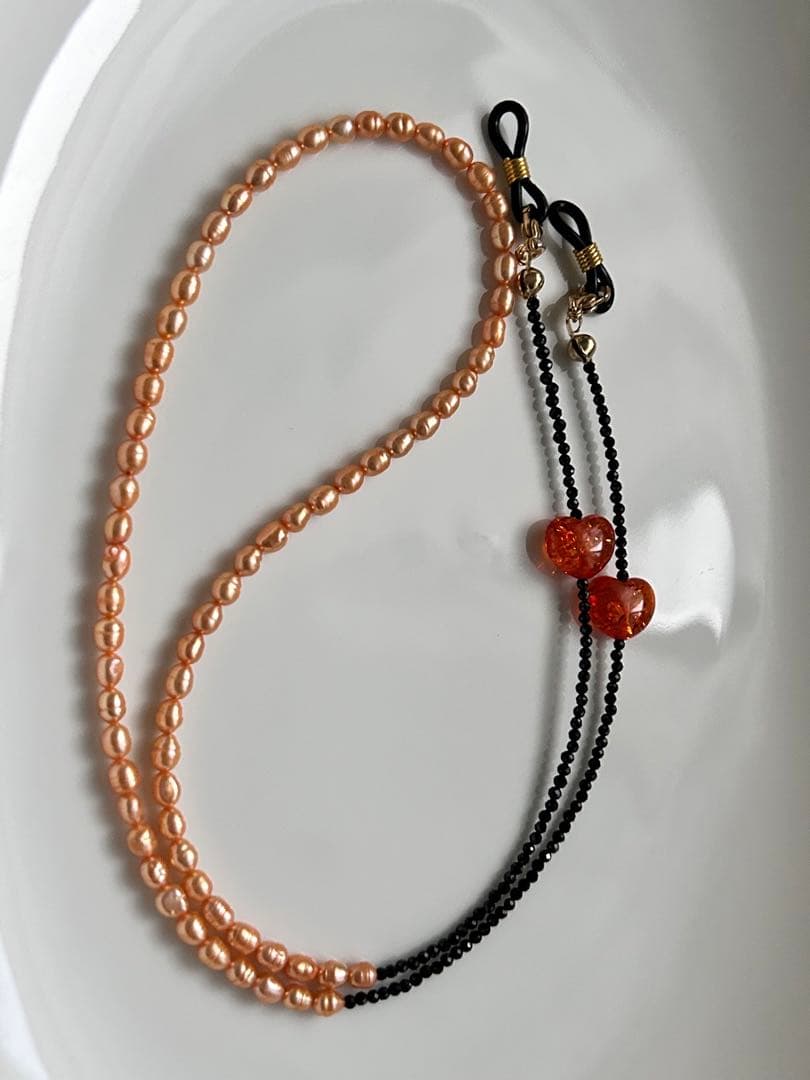淡水パール　琥珀　ハート　ブラックスピネル　2way マスク　メガネチェーン