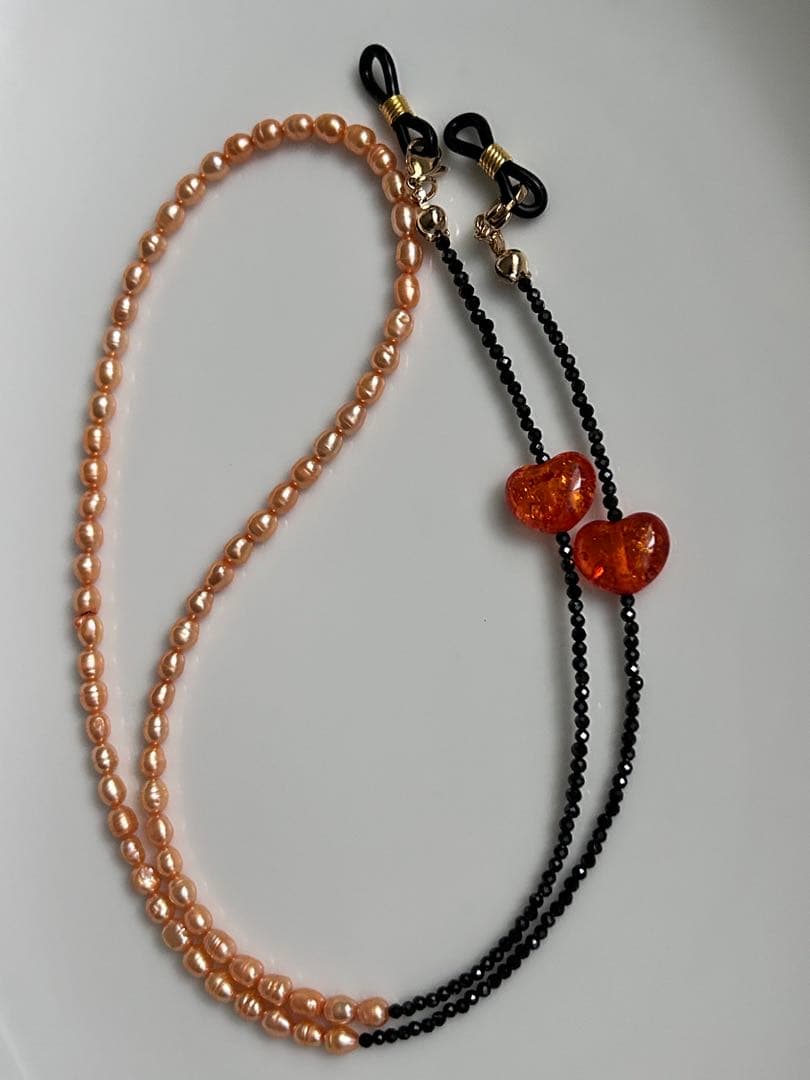 淡水パール　琥珀　ハート　ブラックスピネル　2way マスク　メガネチェーン