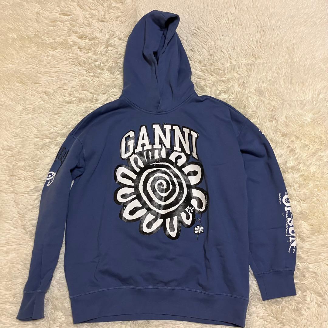 ガニー　花柄　ロゴ　ひまわり　プリント　ブルー　パーカー