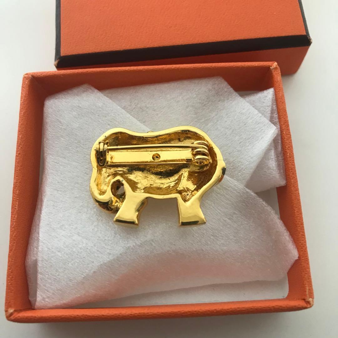 HERMES エレファント 象 ブローチ ゴールドカラー 箱付