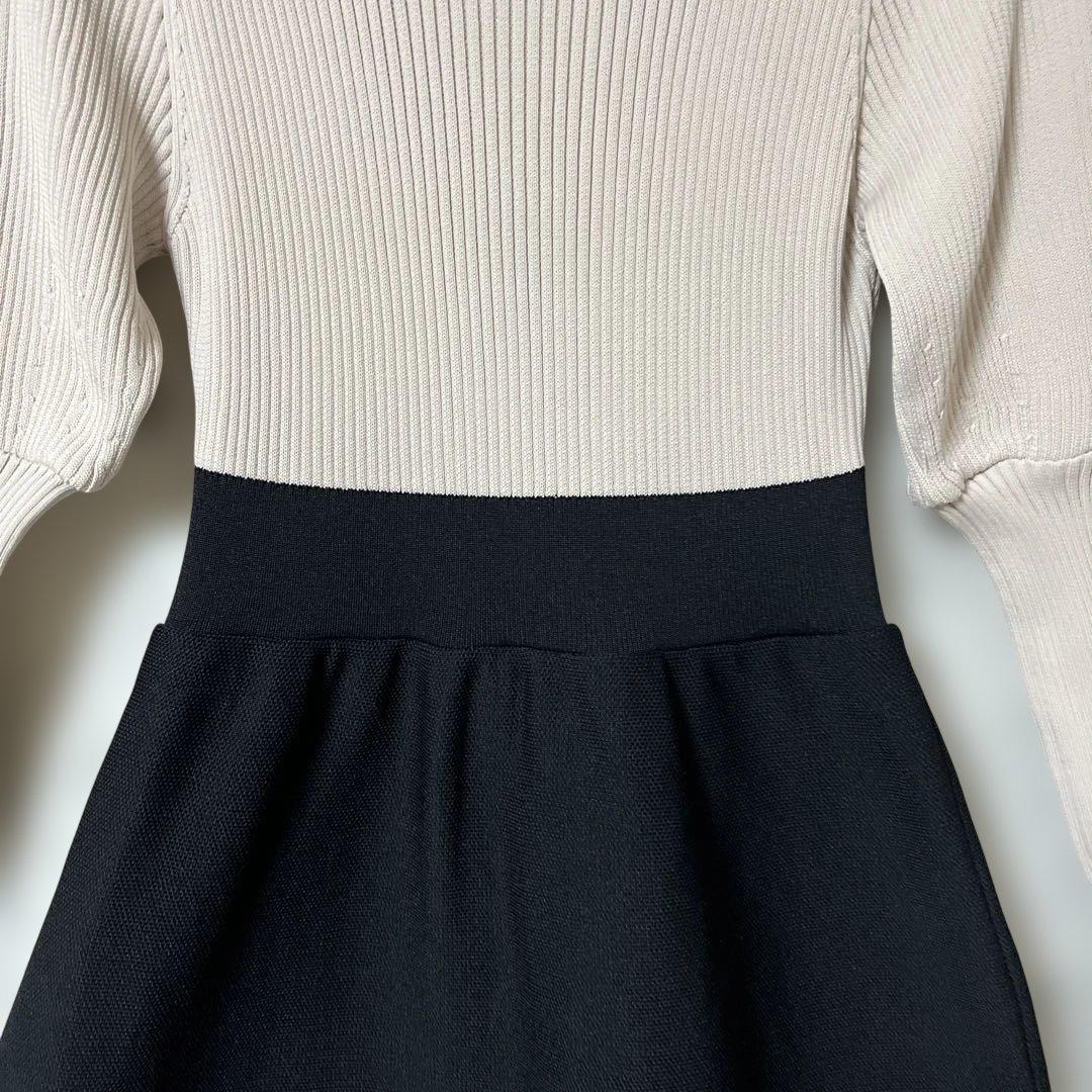 美品。BARNEYS NEW YORK パフスリーブ　リブ編み切替ワンピース