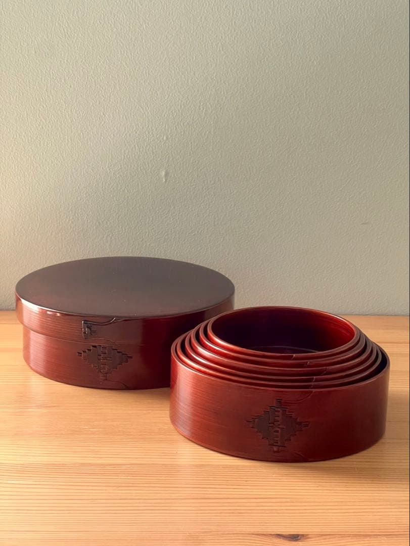 柴田慶信商店　秋田杉　曲げわっぱ　シバキ塗り　　蓋付き 七つ鉢　特注　鱗綴じ